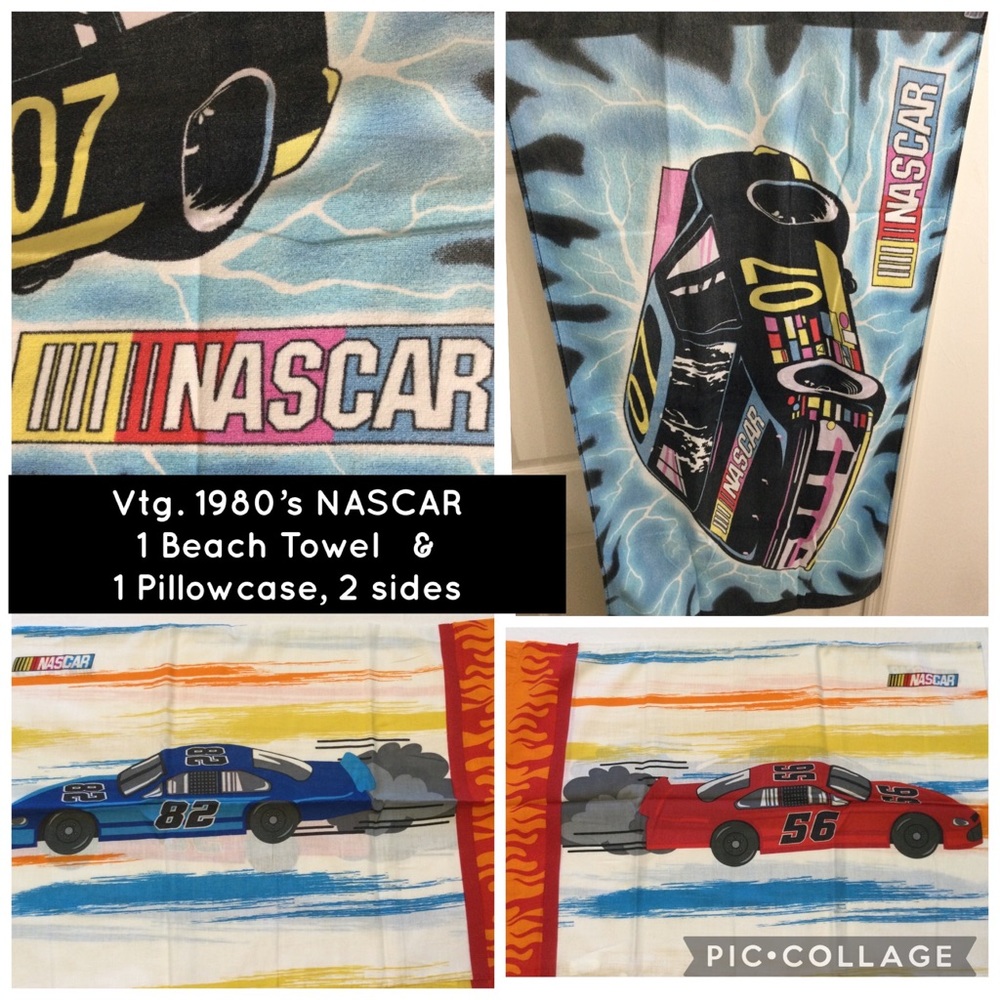 1 NASCAR Beach Towel & 1 Pillowcase 2 pc LOT vtg 1980’s